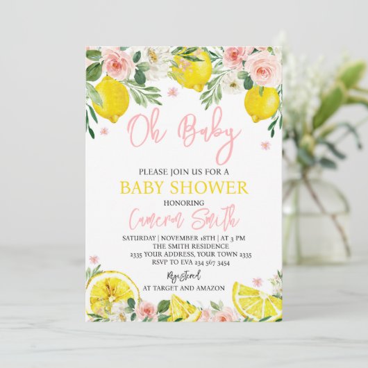 Pink Floral Lemon Baby Shower Kaart (Staand voorkant)
