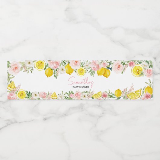 Pink Floral Lemon Baby shower Waterfles Etiket (Enkel label)