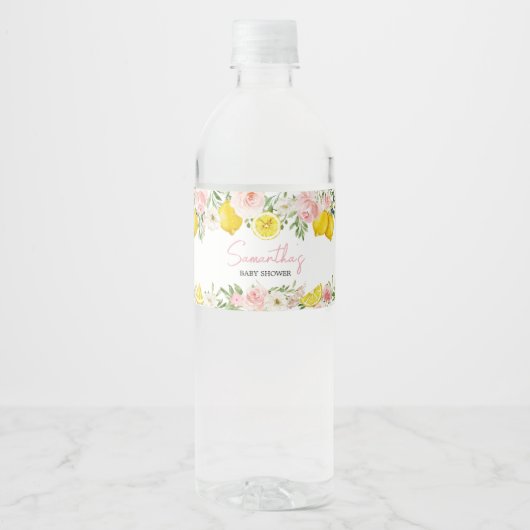 Pink Floral Lemon Baby shower Waterfles Etiket (Voorkant)