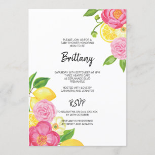Pink Floral Lemon Gender Neutral Baby shower Kaart