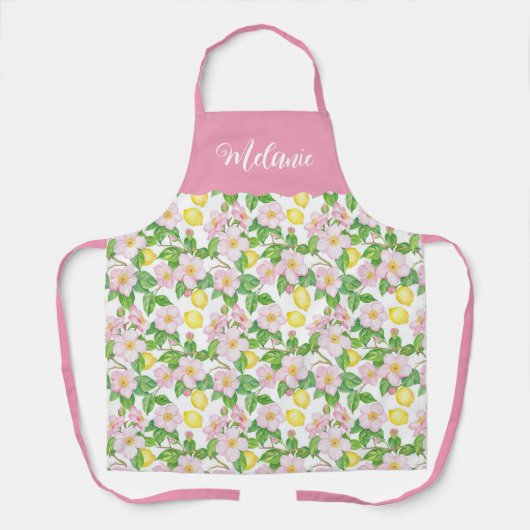 Pink Floral Lemon Pattern Personalised Name Schort (Voorkant)