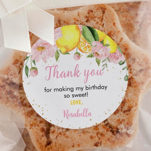 Pink Floral Lemon Verjaardag Baby shower Ronde Sticker
