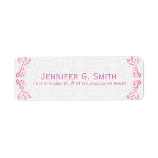 Pink Floral Lijst White Damascus Achtergrond Etiket (Voorkant)