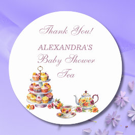 Pink Floral Lilac Tea Party Baby Shower Favor  Ronde Sticker