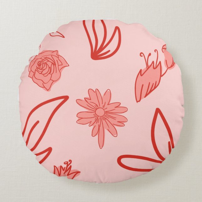 Pink Floral Line Art Pattern Rond Kussen (Voorkant)