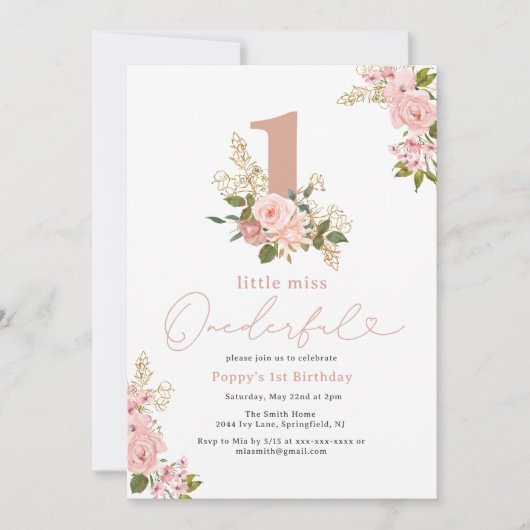 Pink Floral Little Miss Onederful 1e verjaardag Kaart (Voorkant)