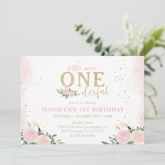 Pink Floral Little Miss Onederful 1e verjaardag Kaart (Staand voorkant)