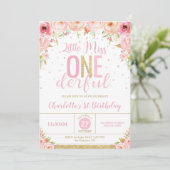 Pink Floral Little Miss Onederful 1e verjaardag Kaart (Staand voorkant)