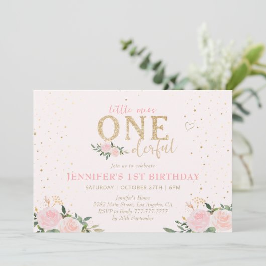 Pink Floral Little Miss Onederful 1e verjaardag Kaart (Staand voorkant)