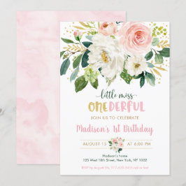 Pink Floral Little Miss Onederful First Birthday Kaart