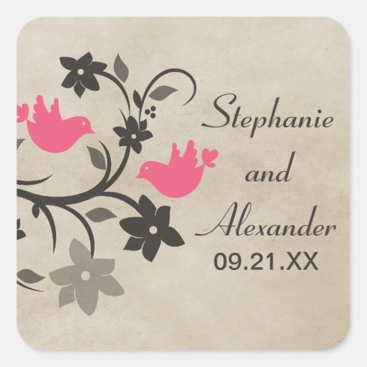 Pink Floral Lovevogels Wedding Stickers (Voorkant)