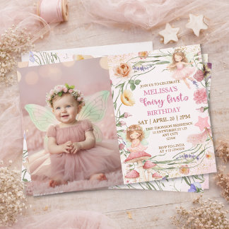 Pink Floral Magical Fairy First Birthday Photo  Kaart