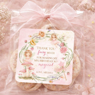 Pink Floral Magical Fairy Garden Girl Birthday    Vierkante Sticker