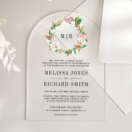 Pink Floral Magnolia Monogram Wedding   Acryl Uitnodigingen