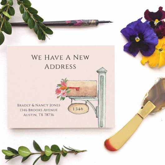 Pink Floral Mailbox We zijn verhuisd plat Notitiekaartje