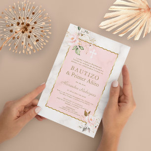 Pink Floral Marble Spain 1st Birthday Baptisme Kaart