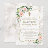 Pink Floral Marble Spain 1st Birthday Baptisme Kaart (Voorkant / Achterkant)