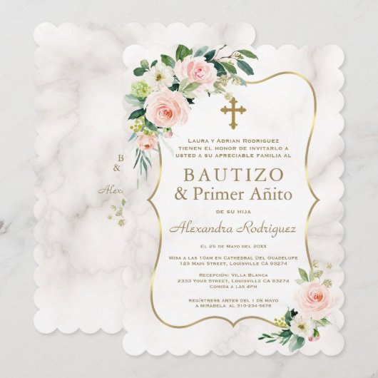 Pink Floral Marble Spain 1st Birthday Baptisme Kaart (Voorkant / Achterkant)
