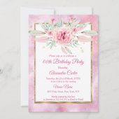 Pink Floral marmer Glitter Gold Birthday Party Kaart (Voorkant)