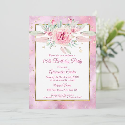 Pink Floral marmer Glitter Gold Birthday Party Kaart (Staand voorkant)