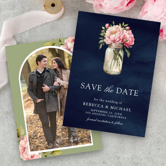 Pink Floral Mason Jar Photo Navy Blue Wedding Save The Date