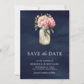 Pink Floral Mason Jar Photo Navy Blue Wedding Save The Date (Voorkant)