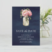Pink Floral Mason Jar Photo Navy Blue Wedding Save The Date (Staand voorkant)
