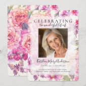 Pink Floral Memorial Service Kaart (Voorkant / Achterkant)