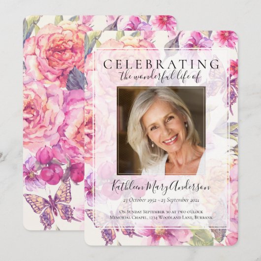 Pink Floral Memorial Service Kaart (Voorkant / Achterkant)