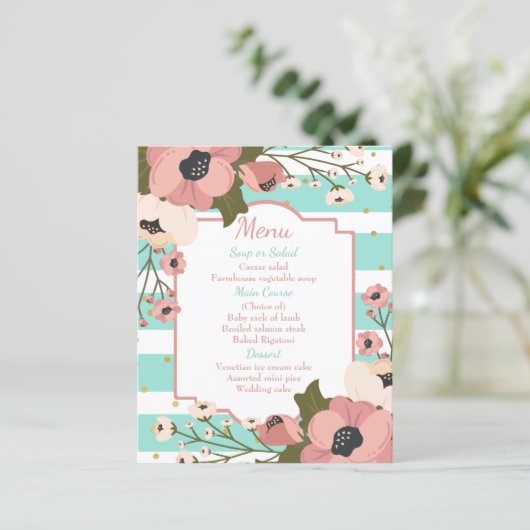 Pink Floral Menu Mint Blue Stripes Weddenschap (Staand voorkant)