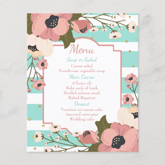 Pink Floral Menu Mint Blue Stripes Weddenschap (Voorkant)