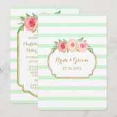 Pink Floral Mint Stripes Gold Wedding Invitation Kaart (Voorkant / Achterkant)