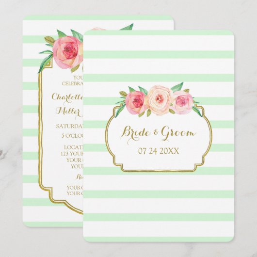 Pink Floral Mint Stripes Gold Wedding Invitation Kaart (Voorkant / Achterkant)