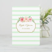 Pink Floral Mint Stripes Gold Wedding Invitation Kaart (Staand voorkant)