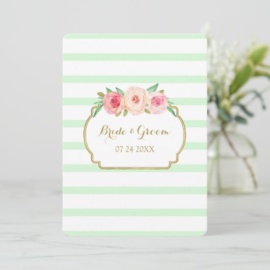 Pink Floral Mint Stripes Gold Wedding Invitation Kaart (Staand voorkant)