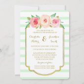 Pink Floral Mint Stripes Gold Wedding Invitation Kaart (Achterkant)
