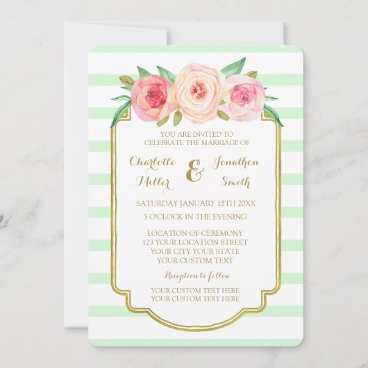 Pink Floral Mint Stripes Gold Wedding Invitation Kaart (Achterkant)