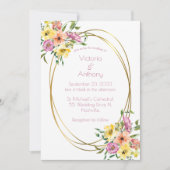 Pink Floral Modern Gold Lijst Wedding Kaart (Voorkant)