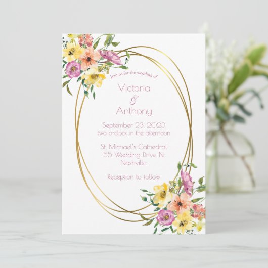 Pink Floral Modern Gold Lijst Wedding Kaart (Staand voorkant)