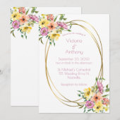 Pink Floral Modern Gold Lijst Wedding Kaart (Voorkant / Achterkant)