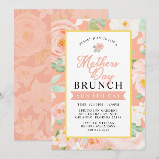 Pink Floral Moederdag Brunch Invitation Kaart (Voorkant / Achterkant)