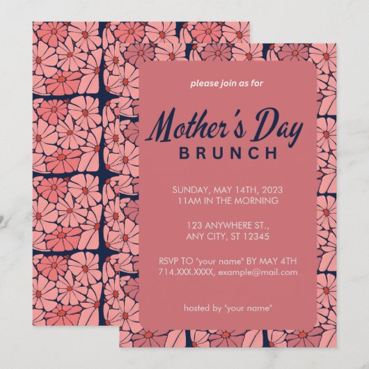 Pink Floral Moederdag Brunch Uitnodiging (Voorkant / Achterkant)