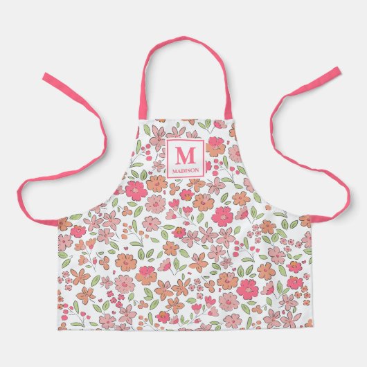 Pink Floral Monogram Apron Schort (Voorkant)