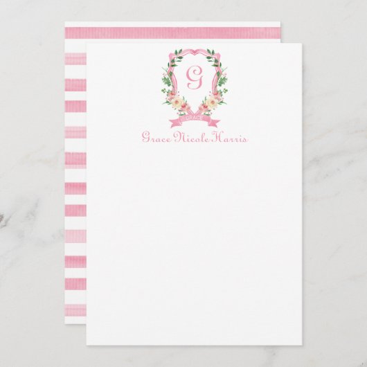 Pink Floral Monogrammed Crest Bedankt! Bedankkaart (Voorkant / Achterkant)