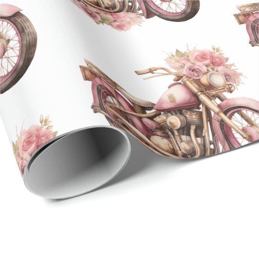 Pink Floral Motorcycle Birthday Cadeaupapier (Rol Hoek)