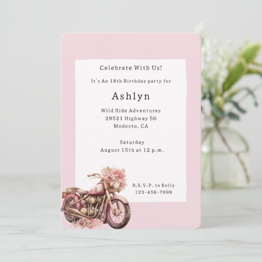 Pink Floral Motorcycle Birthday   Kaart (Staand voorkant)