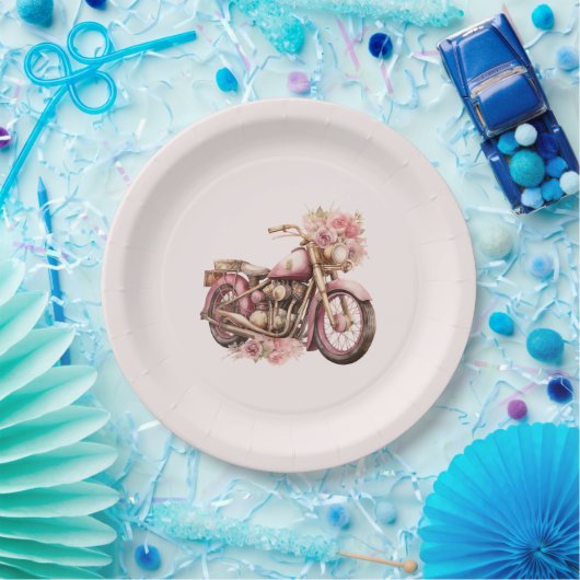 Pink Floral Motorcycle Birthday Papieren Bordje (Feest)