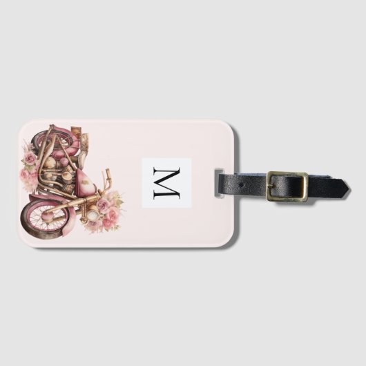 Pink Floral Motorcycle Monogram  Bagagelabel (Voorkant (horizontaal))