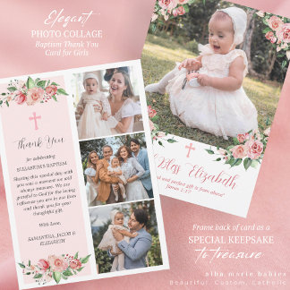 Pink Floral MultiphotoBaptisme voor meisjes Bedankkaart