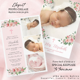 Pink Floral MultiphotoBaptisme voor meisjes Kaart
